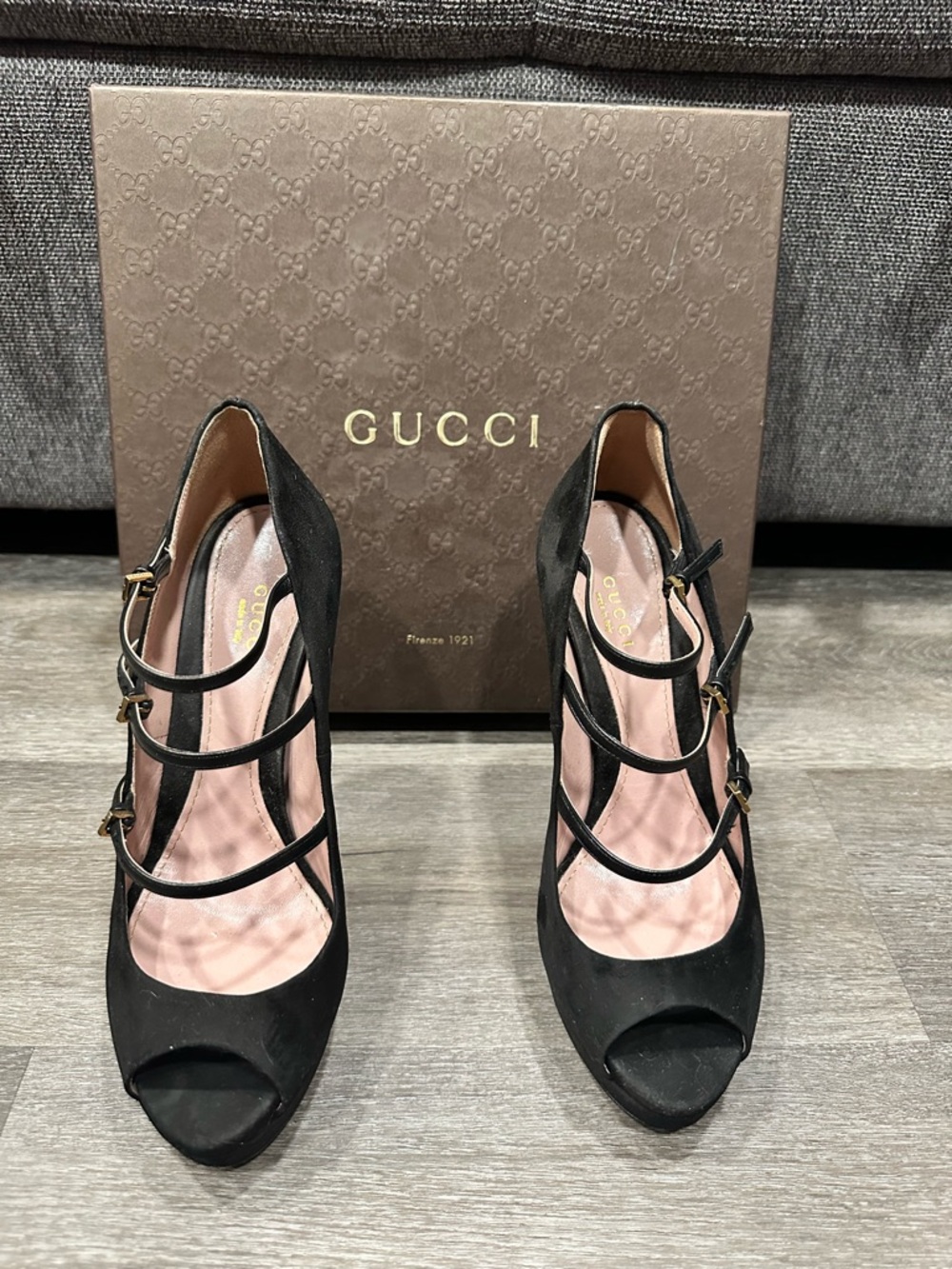 Gucci Black Suede Multi-Strap Peep-Toe Heels with Pink Insole EURO 38.5 US 8.5 W